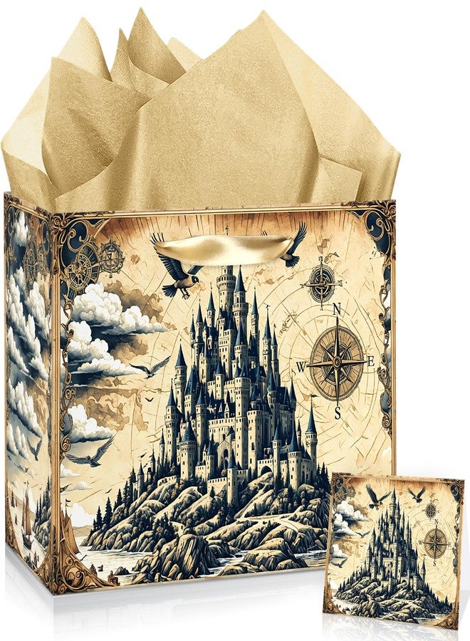 Woosytoo Large Magic Wizard Gift Bag with Tissue Paper and Greeting Card Ancient Castle Princess Birthday Party Favor Bags Magical Wizard School Wedding Gift Wrapping Paper Bag for Themed Birthday Party - Image 1